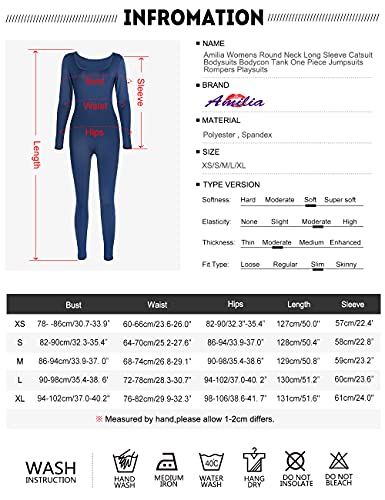 Amilia Womens Round Neck Long Sleeve Catsuit Bodysuits Bodycon Tank One Piece Jumpsuits Rompers Playsuits Navy Blue #TOP5