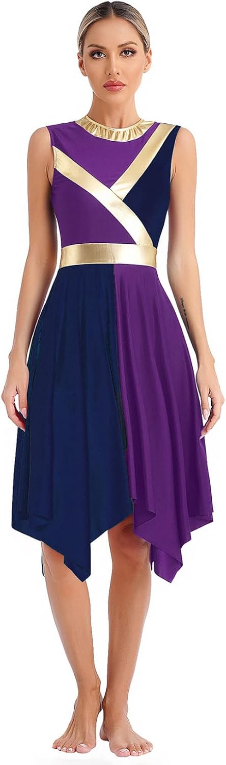 Women's Metallic Color Block Praise Dance Dress Tunic Overlay Sleeveless Asymmetrical Hem Liturgical Dancewear