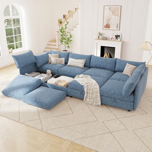 Image of 125 inch Chenille Modular Sectional Sofa Bed Hidden Storage, Convertible L U Shaped Sleeper Couch, 8 Seat Modern Modular Sectional Sofa with Removable Covers & Ottoman Chaise, for Living Room, Blue