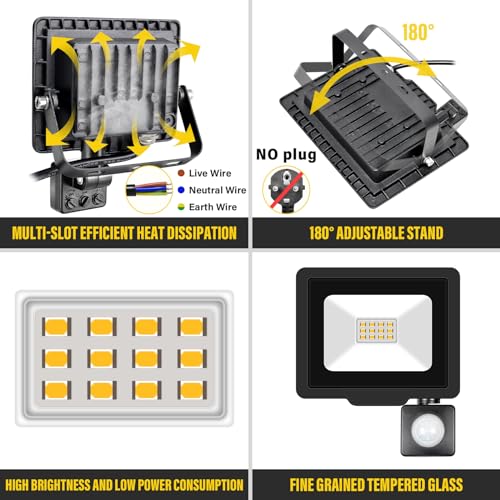 RIGIDON 2 Pcs PIR Motion Sensor Outdoor Security Light, 10W 1000 Lumens Outside Led Floodlight - Image 3