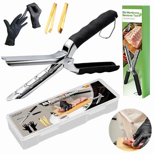 Rib Membrane Removal Tool Set - 2.5mm 304 Stainless Steel Rib Prep Tool with Ergonomic Grip BBQ Rib Membrane Remover Chicken Tendon Tool + Tweezers & Gloves for Meat Prep