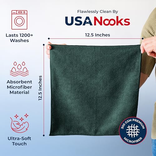 Image of USANOOKS Premium 300GSM Microfiber Cleaning Cloth - 12.5 inchx12.5 inch High Performance - 1200 Washes, Ultra Absorbent Microfiber Towels for Cars Undercarriage, Rims & Engine Bay Cleaning - Microfiber Cloth