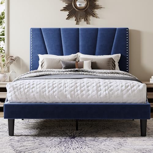Image of Allewie Queen Size Velvet Platform Bed Frame with Adjustable Headboard Blue