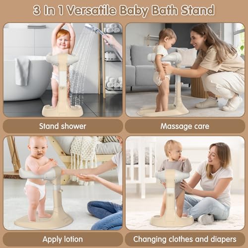 Image of Foldable Baby Shower Stand Support, Adjustable Baby Bath Stand, No Assembly Toddler Bathtub Standing, Anti-Slip Soporte para Banera de Bebe, Toddler Standing Up Shower Support for Babies (Khaki)