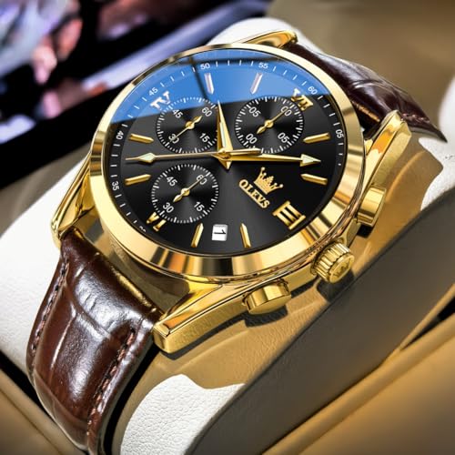 Image of OLEVS Men's Watches Brown Leather with Date,Casual Watches for Men,Large Face Watches Men,Chronograph Mens Watch,Sport Waterproof Business Dress Analog Quartz Men's Wrist Watches Reloj De Hombre