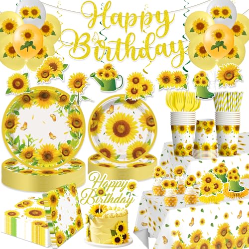 212Pcs Sunflower Birthday Decorations Serves 25 Guests Sunflower Decorations Include Banner Plates Tablecloth Cake Topper and Balloons Etc for Yellow Birthday Decorations