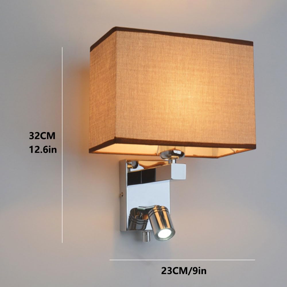 Apliques de pared cromados Lámpara de pared con Sombra de Tela con Luz LED de pared de lectura Iluminación de pared Interior con interruptor giratorio Dormitorio Sala de estar Linterna de pare