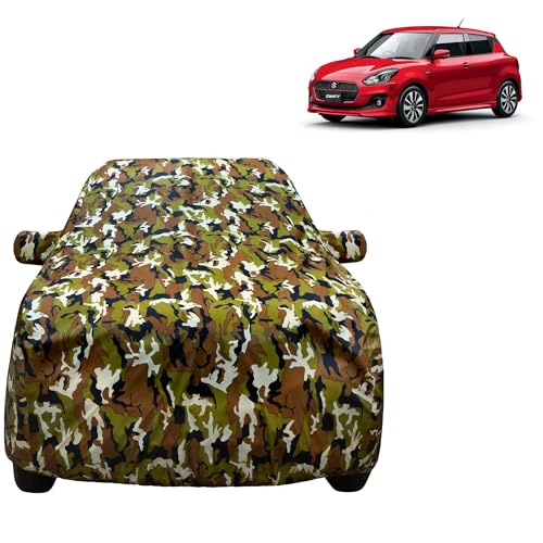 Image of VYAS 100% Waterproof Car Body Cover for Maruti Suzuki Swift (2011-2017) with Mirror Pocket Triple Stitched Belt & Buckle Fitting Dual Elastic, Durable Material Jungle Print Camouflage Design