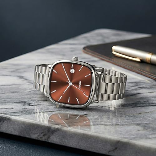 Image of Acnos Luxury Square Dial Quartz Watch for Men & Women - Stainless Steel Bracelet, Minimalist Analog Wristwatch with Date Window Pack of 1