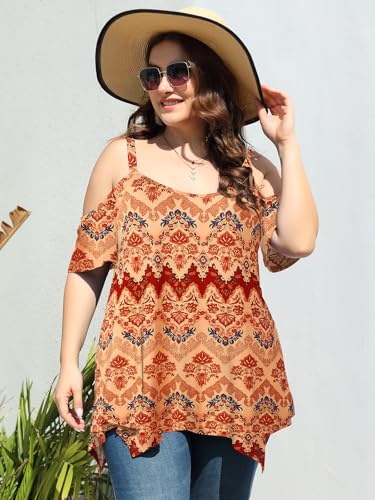 Image of LARACE Cold Shoulder Tops for Womens Summer Clothes Spaghetti Strape Tunic Oversized Shirts Asymmetrical Plus Size Blouse