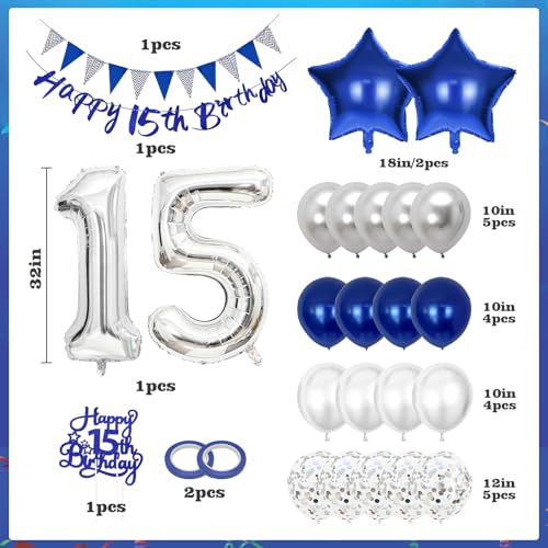 Hierein 15 Geburtstag Junge, Blau Silber Folienballon 15. Geburtstag Deko mit Happy Birthday Banner, Tortendeko, Wimpelkette, Geburtstagsdeko 15 Jahre Junge für Party Deko, Birthday Ballon