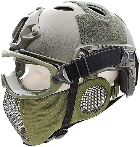 Tactical Quick Helmet And Ear Protection Folding Double Straps Half Mask And Mesh Goggles, Used For Hunting Shooting Airsoft Paintball, OD 42X16cm