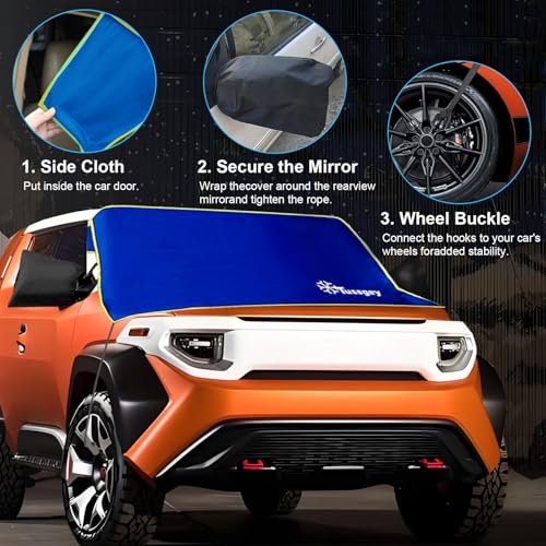 Image of Windshield Cover for Ice and Snow,【Newest 600D Oxford Fabric for Efficient Protection】 Windshield Snow Cover Against Frost with Straps & Side Panels, Fit for Most Cars, SUVs & Trucks (68 inchx42 inch)-Blue