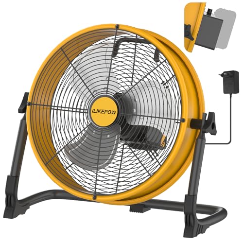 ILIKEPOW Akku Bodenventilator kompatibel mit Dewalt 18/20V Akku 12 Zoll Kabelloser Ventilator Leise Netzteil USB Ladeanschluss Stufenlos Regelbar für Baustelle Werkstatt Camping (ohne Akku)