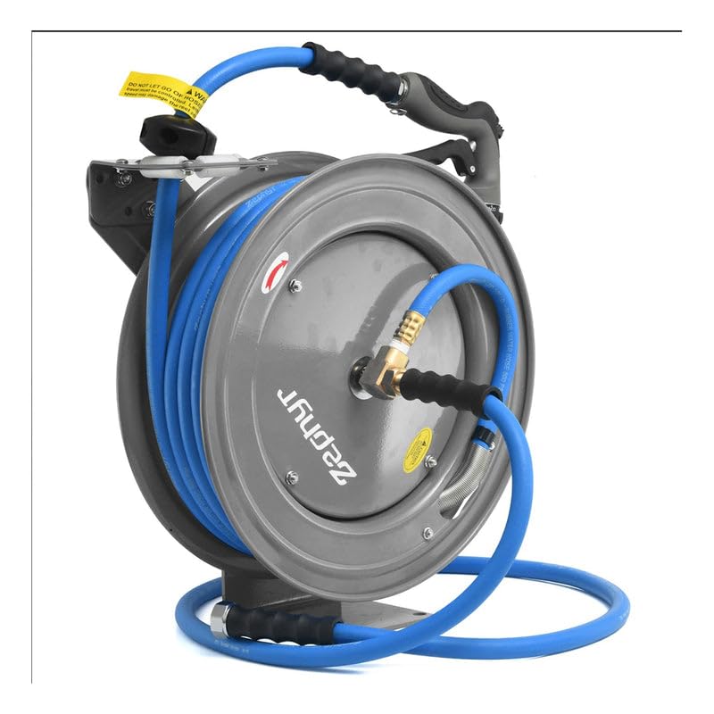 Image of Zephyr Auto-Retractable Garden Hose Reel | Heavy-Duty | Made in India | w / 3 /4in x 50ft Zephyr Hose and HD Spray Gun - Grey