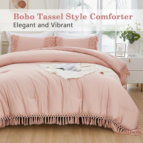 Image of Andency Pink Comforter Set Queen, 3 Pieces Boho Tassel Lightweight Soft Bedding Comforter Sets, All Season Fluffy Fringe Bed Set (90x90In Comforter & 2 Pillowcases)
