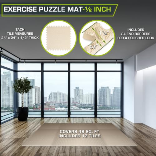 Image of ProsourceFit Exercise Puzzle Mat 1 /2-inch, EVA Interlocking Foam Floor Tiles for Home Gym, Workout Equipment, Kids Play Areas, Beige, 48 SQ FT - 12 Tiles