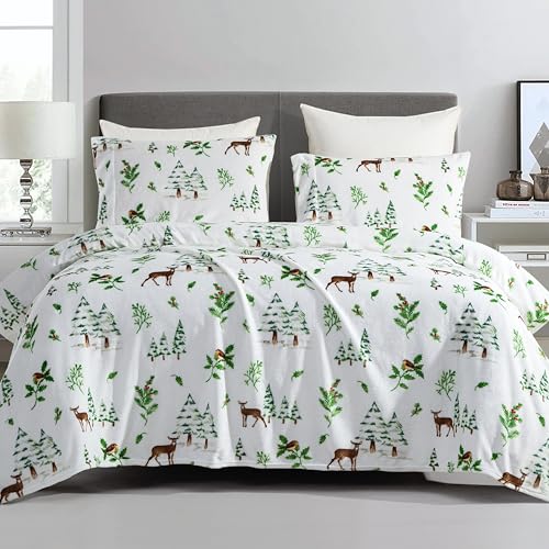 Elegant Comfort Luxuriously Soft 4-Piece Holiday Velvet Plush Flannel Sheet Set - Premium Quality - Cozy Warm, Christmas Fuzzy Velvet Flannel Fleece Deep Pocket Sheet Set - Twin, Enchanted Woods