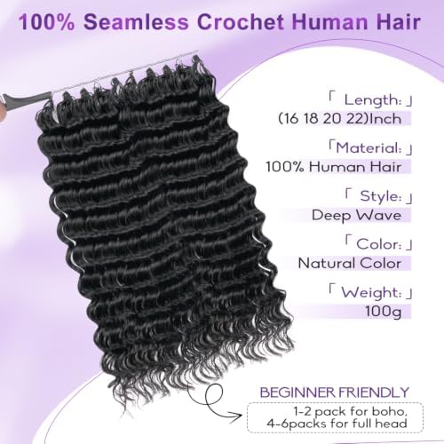 Miracle Knots Feather Crochet Human Hair 18 Inch Deep Wave Crochet Hair - 1