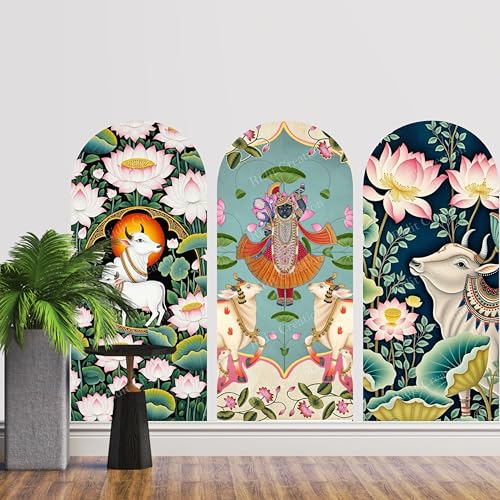 Image of Radha Krishna Wall Poster 3 Panel Set with Cow & Lotus Design | Traditional Arch Shape Wall Decor | Waterproof Self Adhesive PVC Wall Decal for Home Temple Living Room
