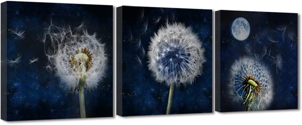 Woxfcart Dandelion Floral Decor Wall Art Canvas Flower Prints Nature Picture for Home Bathroom Bedroom Walls decoration Ready to Hang 13.5"x13.5"x3 Panel