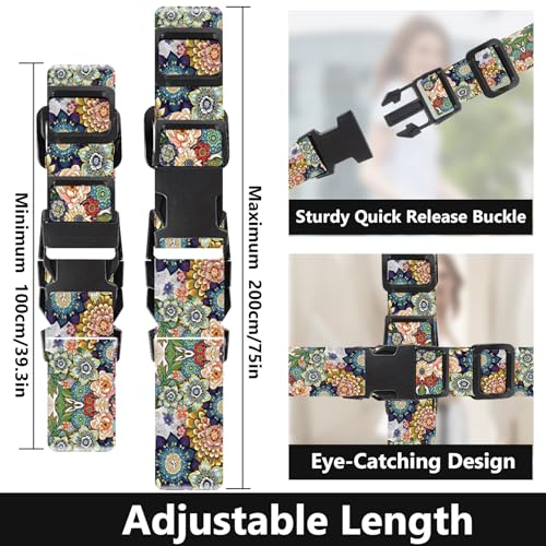 2 Pack Luggage Straps for Suitcases Adjustable Luggage Belt TSA Approved, Bright Colors Travel Packing Straps with Quick Release Buckle Unique Nylon for Sleeping Bag Car Seat, Flower Mix2