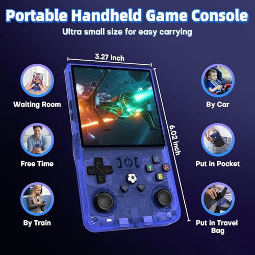 Image of R36MAX Retro Handheld Game Console, 4.0 inch Retro Gaming Console with 64GB Memory, Portable Retro Video Games Console, 4000mAh Battery, Support 30+ Emulators, Transparent Blue