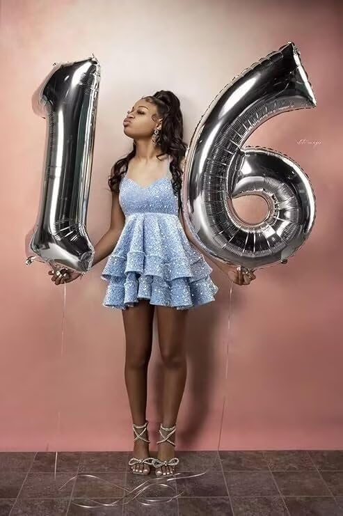 Short Homecoming Dresses 2025 Sparkly Sequin Tiered Ball Gown Spaghetti Straps V-Neck Corset Prom Dress4