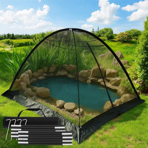 Yoojahow Pond Cover Dome Net 8x10ft Netting Pond Covering Tent with Zipper Storage Straps Fiberglass Poles Ground Nails Tie Ropes for Outdoor Garden Fish Pool Protection from Leaves Animals