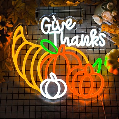 Image of Thanksgiving Neon Sign Pumpkin Neon Sign for Thanksgiving Decoration Give Thanks Sign Dimmable Thanksgiving Neon Light USB Powered for Autumn Harvest Party Wall Decor Gift