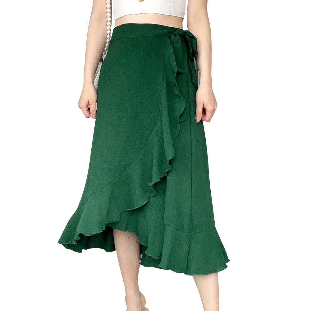 AGYMNX Falda envolvente para mujer de cintura alta, falda midi irregular, dobladillo con volantes, minifalda plisada con lazo para verano, elegante y versátil