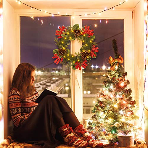 Rocinha Prelit Christmas Wreath with Lights, 22 Inches Artificial Front Door Wreath Garland with Berry, Pine Cone - Ideal Christmas Decor for Winter Holiday New Year, Indoor Outdoor