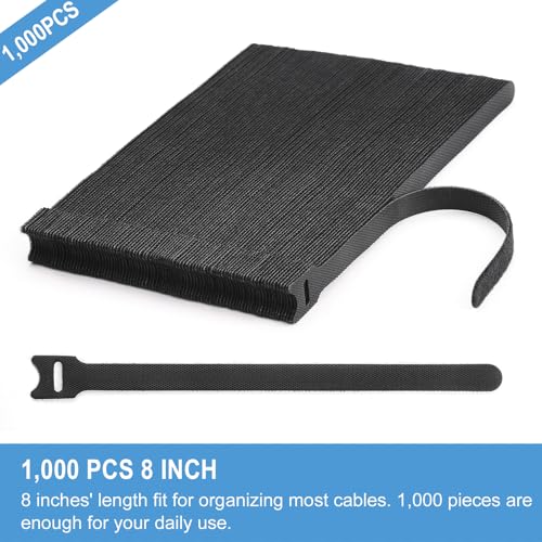 Image of 1,000 PCS 8 Inches Reusable Cable Ties | Adjustable Cord Wraps, Cable Straps | Hook & Loop Cord Organizer, Cable Management (100 PCS x 10 Packs)