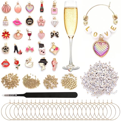 Acootima Wedding DIY Wine Glass Charms Kit - 300 Letter Beads 25 Set Personalized Reusable Drink Marker Tags Wine Stem Glasses Identifiers for Wedding Bachelorette & Bridal Shower Gift