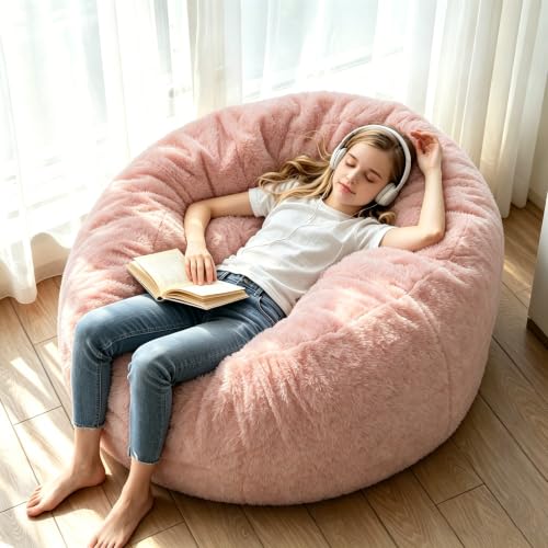 Image of 4FT,Bean Bag Chairs for Adults,Bean Bag with Filler Included,Memory Foam Chair,Soft Flannel Washable Cover, Ideal Reading Chair for Bedroom and Dormitory. (Pink, 4 Foot)