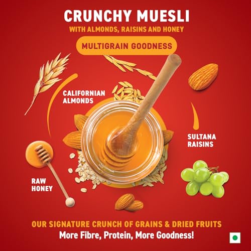 Image of Bagrry's Crunchy Muesli - 425g | 83% Multigrain, Brans, Almonds, Raisins & Honey | 40% Fibre Rich Oats | High Fibre and Protein Breakfast Cereal | No Added Preservatives | Non-GMO Oats | 100% Natural | Trans Fat & Cholesterol Free