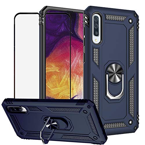 BestShare for Samsung Galaxy A50 Case & Tempered Glass Screen Protector, Rugged Anti-Scratch Shockproof Kickstand Cover Compatible Magnetic Car Mount Ring Grip, Blue