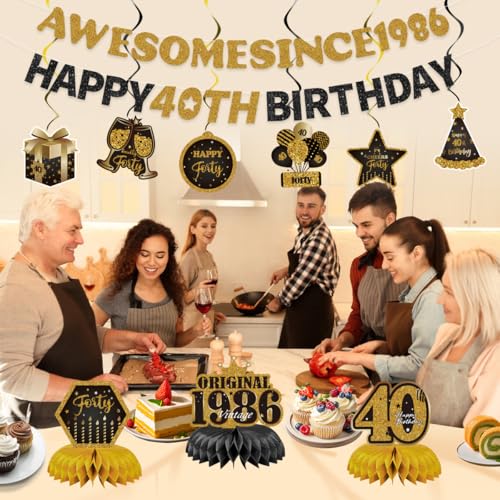 Image of 11pcs Happy 40th Birthday for Men Women Decorations,Forty Bday Banner Ceiling Table Topper Sign Awesome Since 1986 Old Black and Gold Kit Swirls Party Decorations Supplies