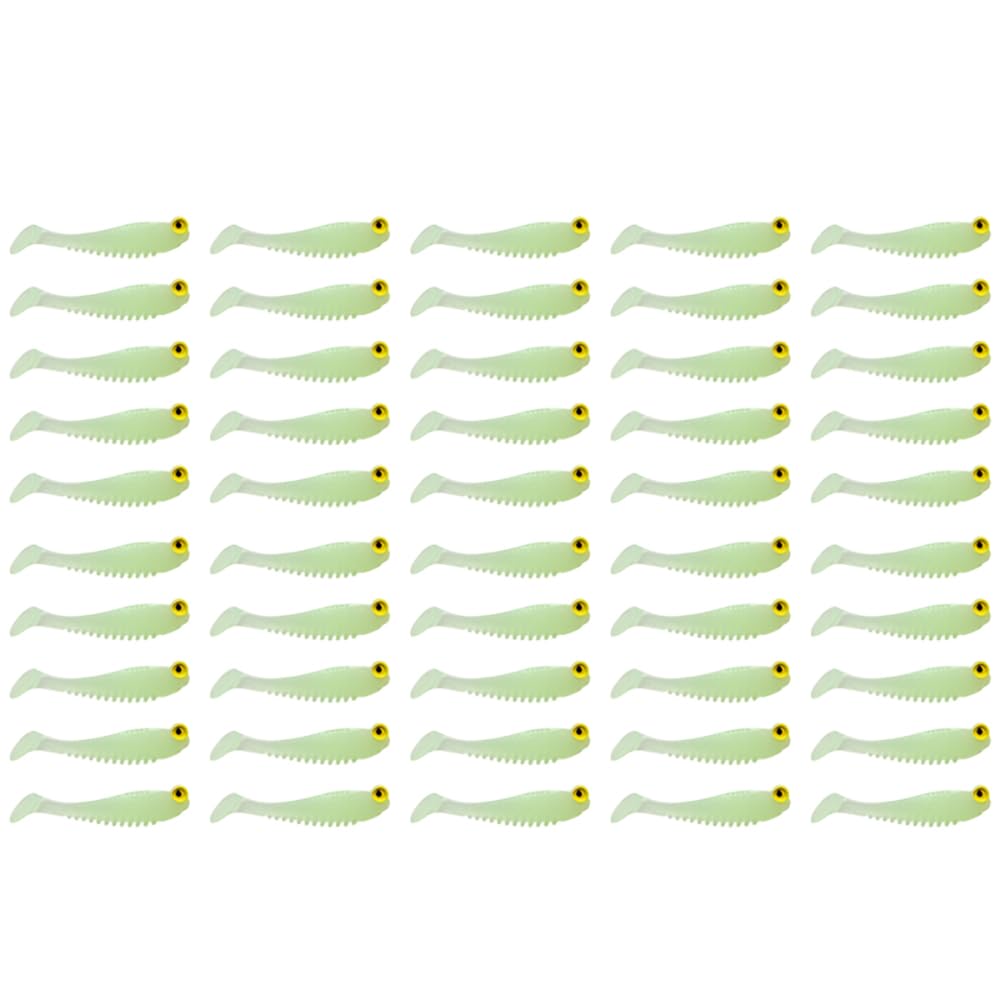 50PCS Glow in The Dark Green Soft Plastic Fishing Lures, Realistic Glowing Bait for Bass, Crappie, Walleye, Ideal for Ice Fishing and Night Fishing