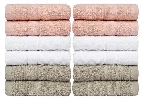 Image of Pleasant Home Chevron Wash Cloths Set - 12 Pack (12 inch x 12 inch) - 509 GSM - 100% Ring Spun Cotton Wash Cloth - Super Soft and Highly Absorbent Face Towels (Blush, White & Tan)