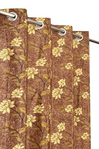 Image of Heavy Polyester Floral Printed Long Door Light Filtering Curtains for Living Room Bedroom Hall Room, 9 feet Long Door, Brown, Set of 2