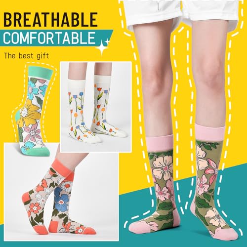 Image of HSELL Womens Novelty Socks with Colorful Flower Design Fancy Gift for Mom Lady Breathable Cotton Socks for Daily Wear