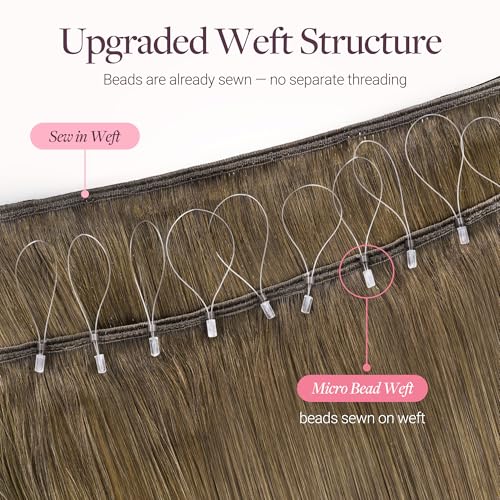 Image of GOO GOO Sew in Hair Extensions Real Human Hair, Micro Beaded Weft Hair Extensions Human Hair, 3 /8 /613 Balayage Walnut Brown to Ash Brown and Bleach Blonde 16 Inch 90g, Natural Volume