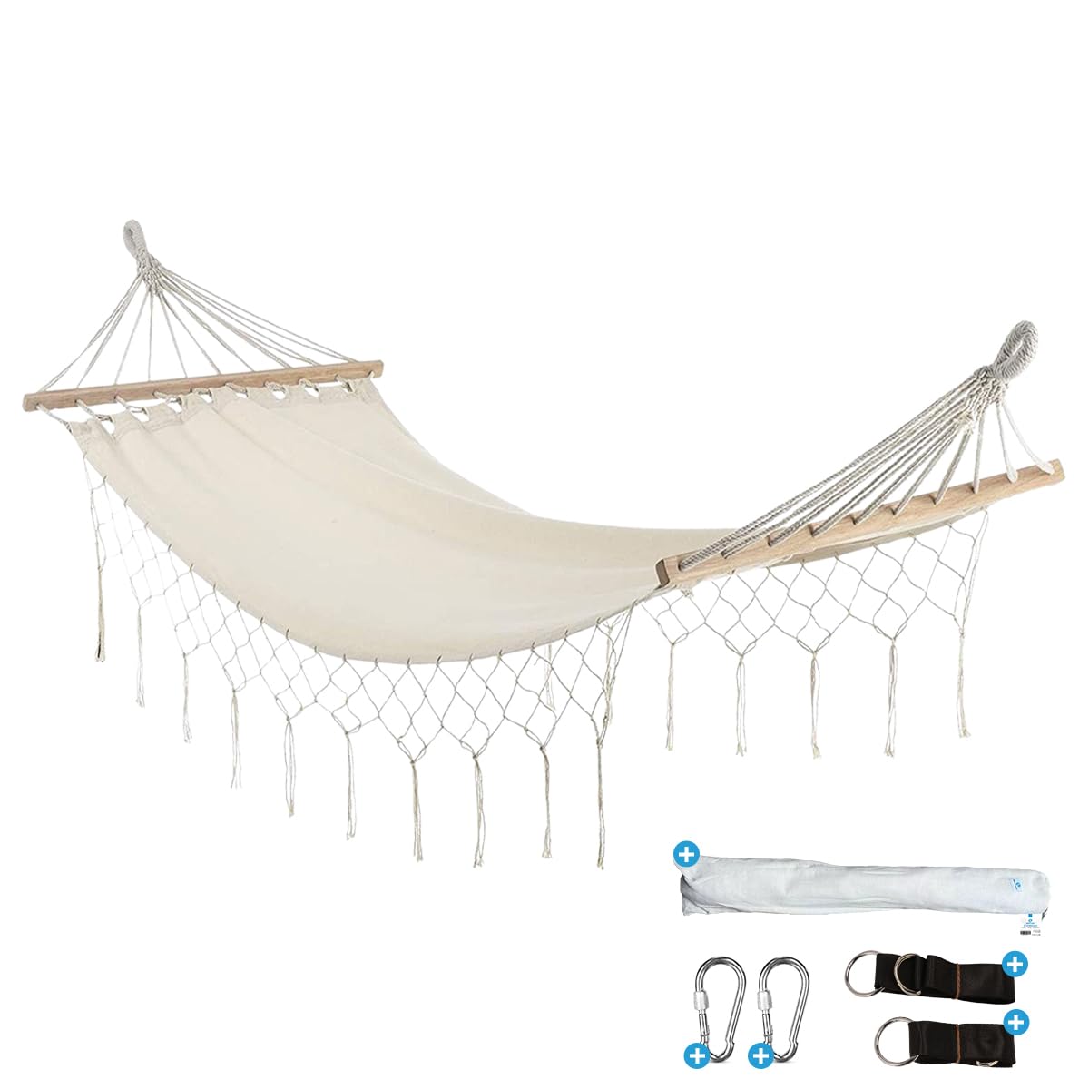 Fleau Goods Luxe Hamaca con Varilla - Elegante Franja - 100% Algodón - Cómodo - Incluye Material para Colgar y Bolsa de Transporte - 100 x 200 cm