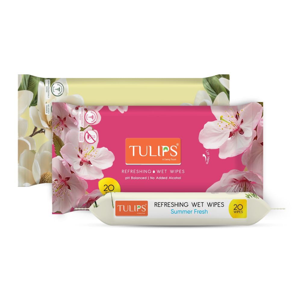 Tulips Refreshing Wet Wipes With Different Fragrances- Pack of 3 (20 Wipes Each) (Japanese Cherry/Magnolia & Summer Fresh