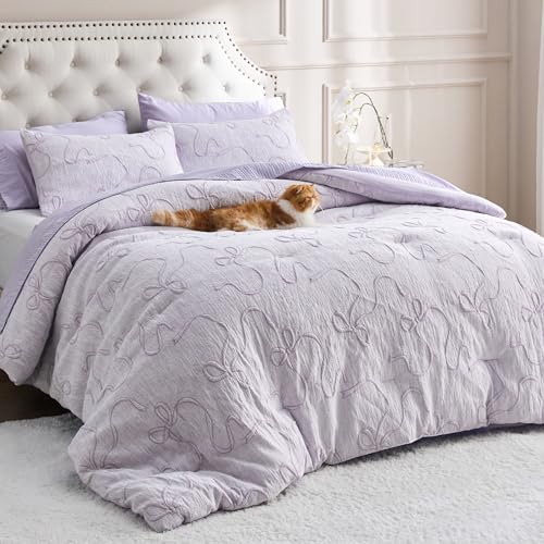Image of Bedsure Lavender Comforter Set Queen, GentleSoft 3 Pieces Breathable Bow Comforter Set Women Girls with 2 Pillow Shams, Cute Queen Bedding Sets Room Decor Aesthetic Bedroom Decor, 90x90 Inches