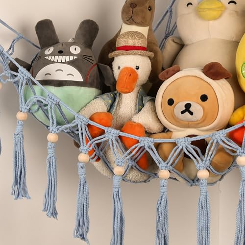 Image of Stuffed Animal Toy Storage Hammock with LED Light-Macrame Jumbo Doll Room Organizer Mesh Decoration-Hanging Storage Nets Kids Bedroom(Blue Beads)