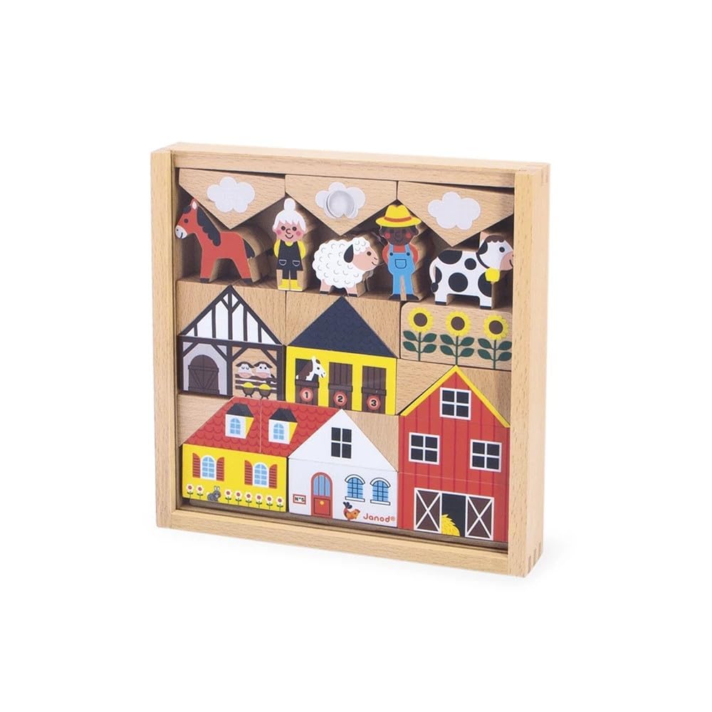 Janod Set di 34 cubi in Legno Massiccio, Tema Country, Complemento Ottime ai tappetini per Auto, Gioco di Costruzione, Sviluppa l'immaginazione, Giocattolo in Legno FSCTM, da 2 Anni, J05937