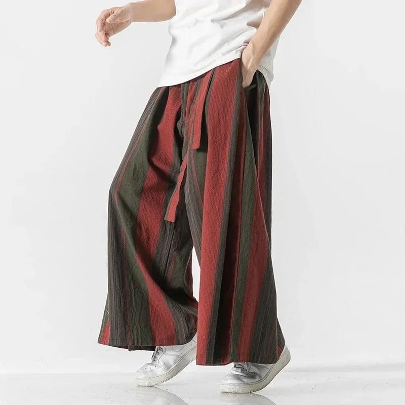 Men Striped Cotton Linen Wide-Leg Pants Retro Chinese Style Male Casual Joggers Trousers2