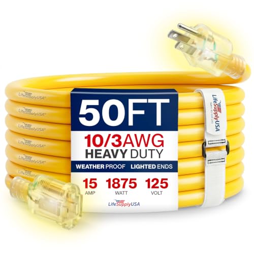 50ft Outdoor/Indoor Extension Cord 10/3 Gauge Ultra Heavy Duty 3 Prong SJTW, Waterproof, Flexible Cold-Resistant Long Power Cord,15A 125V 1875W, Yellow by LifeSupplyUSA